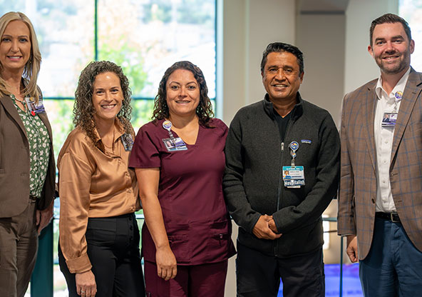 Cari Lidgett, chief nursing officer; Nicki Magee, chief quality executive; Martina Ramirez, stroke program coordinator; Dr. Saud Khan, neurologist; Kurt DeVaney, president
